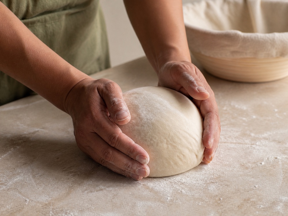 Hands shaping a sourdough boule